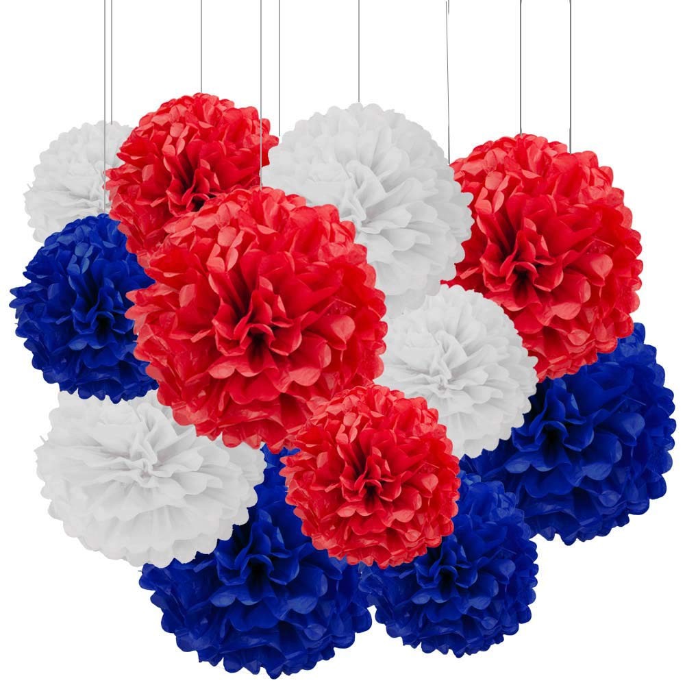 12 PCS Red White Blue Paper Pom Pom Tissue Flower Party Decor 10/12 Inch