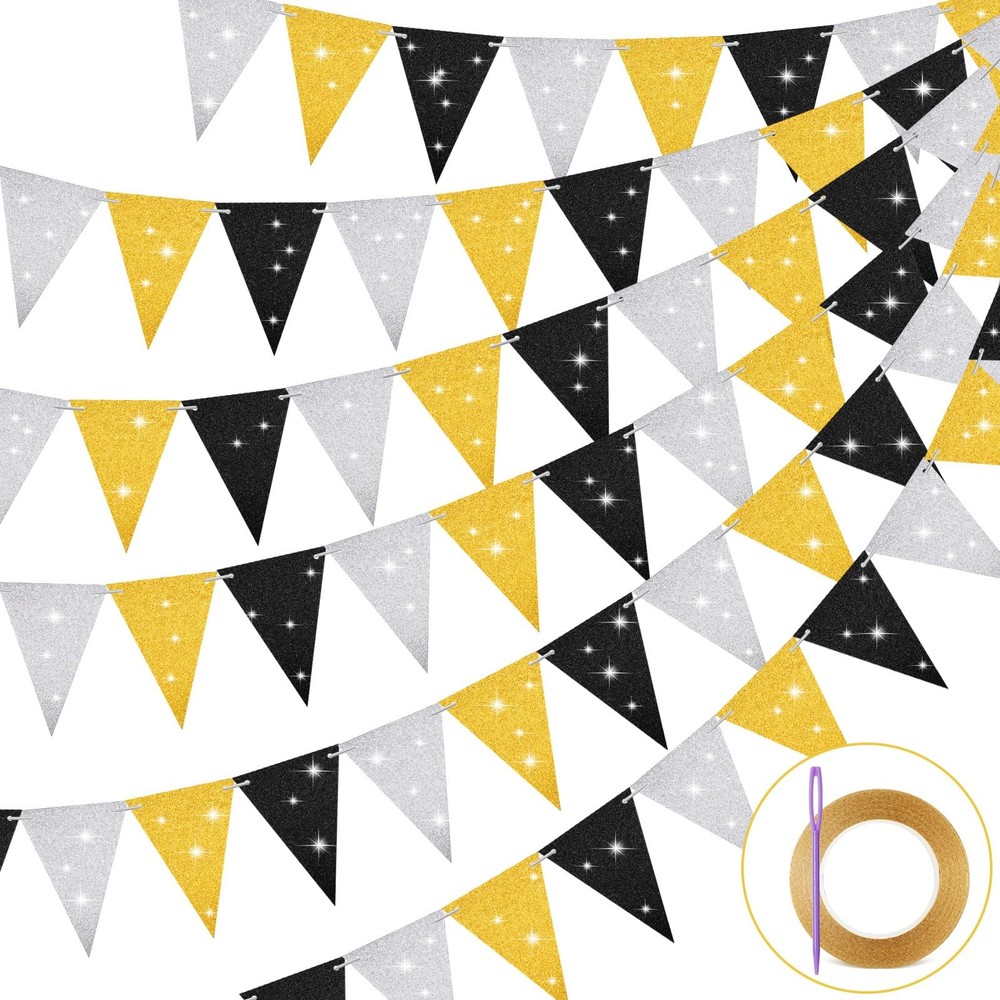 120 Pcs New Year Eve Party Decorations 2026 Black Gold Silver Pennant Banner Gli