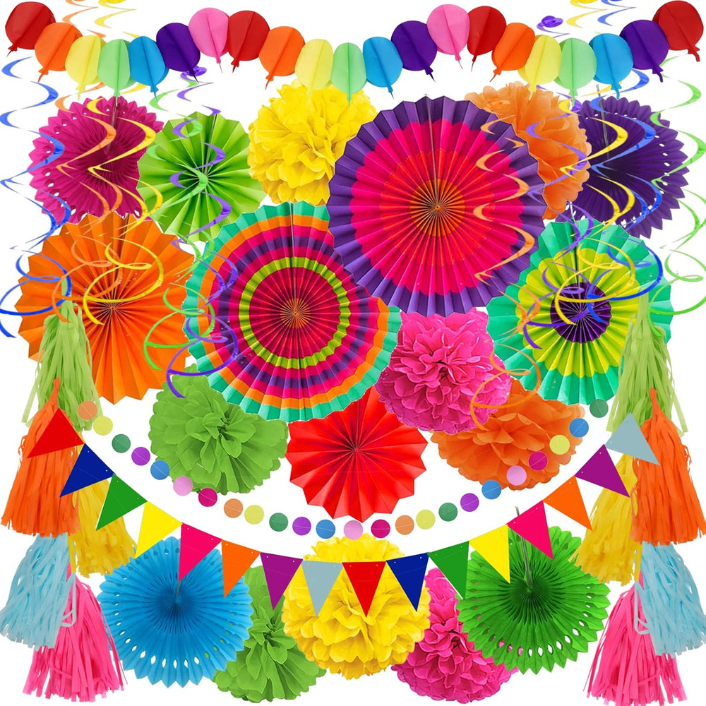Party Decorations, 41 Pcs Multicoloured Papar Fans Pompoms Garlands String Tissu