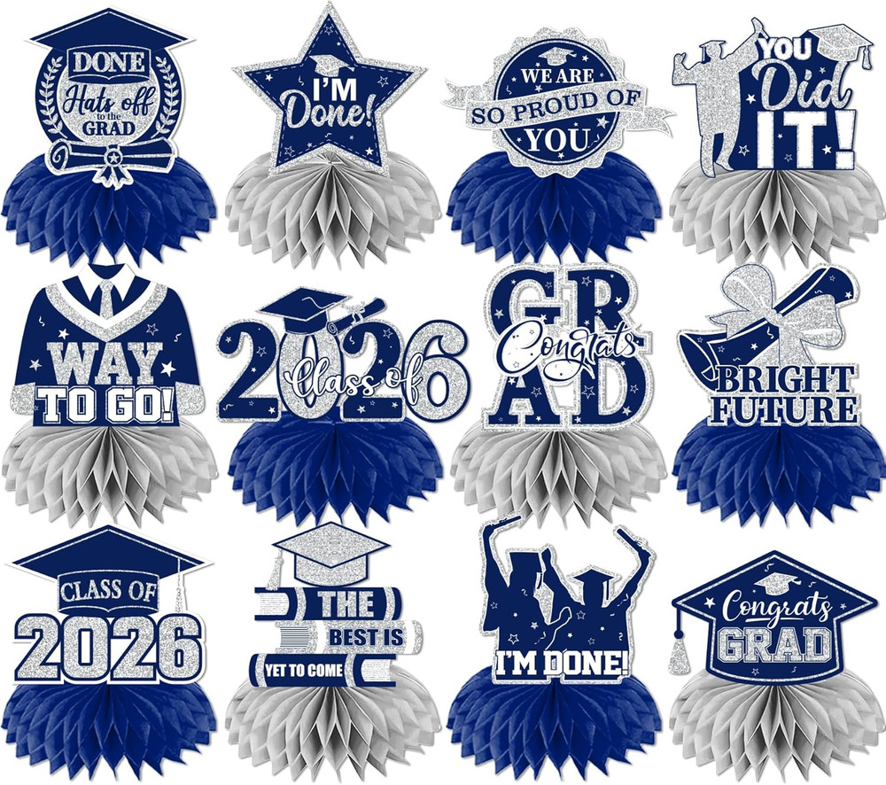 12 PCS Navy Blue Silver Graduation Table Decorations 2026 Centerpieces Decor