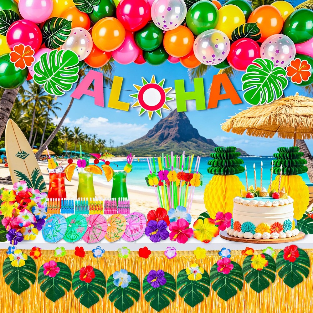 200 Pcs Hawaiian Aloha Luau Party Decorations Tropical Summer Decor Set
