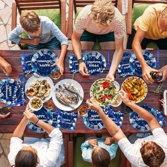 Elegant 96-Piece Retirement Party Tableware Set in Blue & Silver for 24 Guests