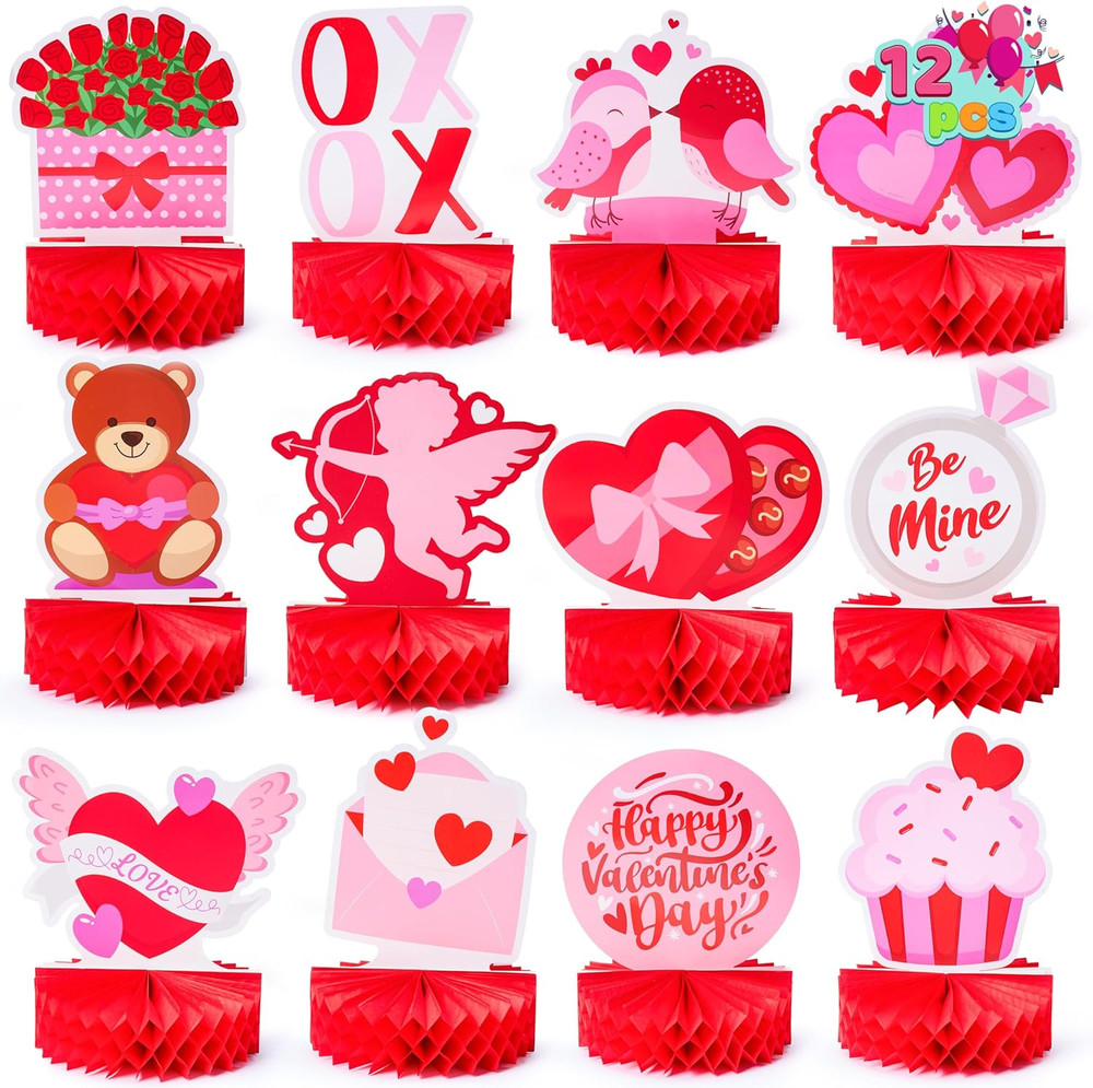 12pcs Valentine Honeycomb Table Centerpieces Heart Bear Kids Party Decorations