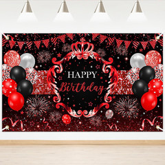 Red and Black Birthday Backdrop Glitter Red Banner for Women Girls Birthday Part