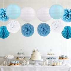 12 PCS Dusty Blue White Party Decoration Hanging Paper Flower Lanterns Pom Pom