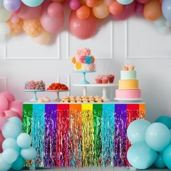 2 Pack 29.5×108 Inch Rainbow Foil Fringe Tinsel Table Skirts Disposable Table