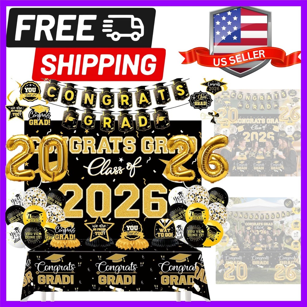 2026 Graduation Decorations Black and Gold Graduation Party Decorations, Ball…