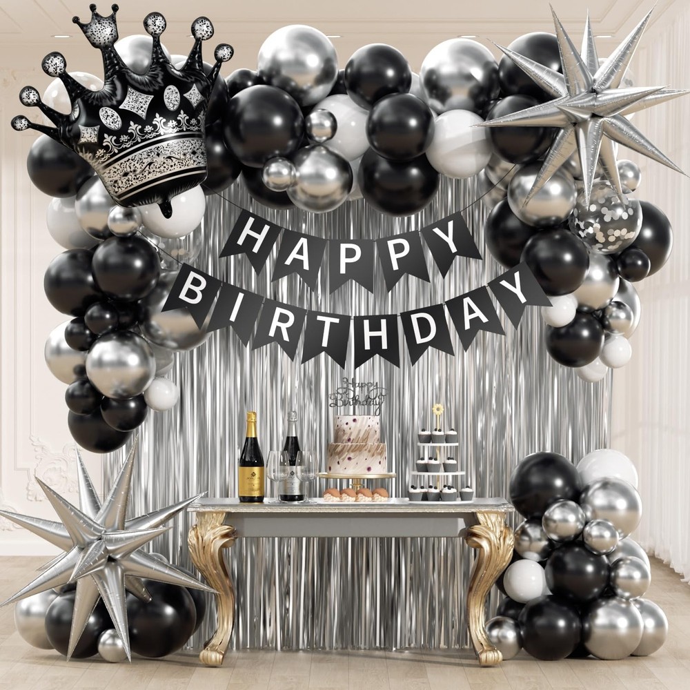 Black Birthday Decorations for Men with White and silver Black, Silver