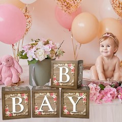 Rustic Floral Brown Baby Boxes Letters Bear Blocks Gender Reveal Props
