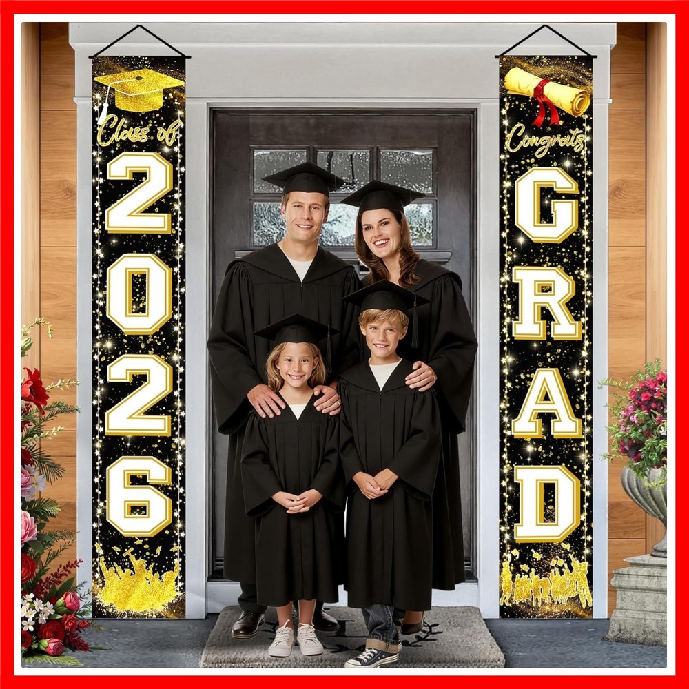Black Gold Graduation Decorations Class of 2026 Congrats GRAD Porch Sign Banner