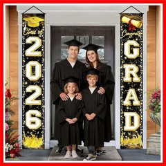 Black Gold Graduation Decorations Class of 2026 Congrats GRAD Porch Sign Banner