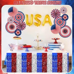2 Pack 4th of July Table Skirts Decoration Red White Blue Patriotic Wavy Meta…