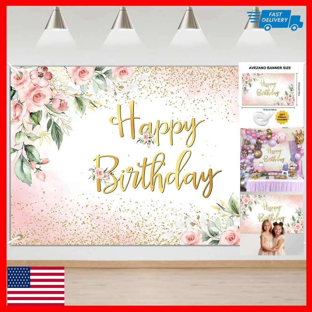 Rose Gold Birthday Backdrop for Women – Floral Party Decorations