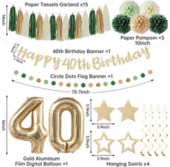 13Pcs 40Th Birthday Decorations for Girls, Sage Green Happy 40Th Birthday Banner
