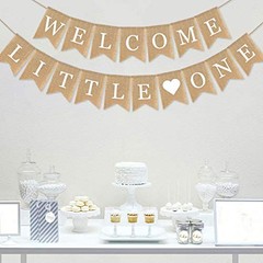 SWYOUN Burlap Welcome Little One Banner Baby Shower Garland Beige, Brown