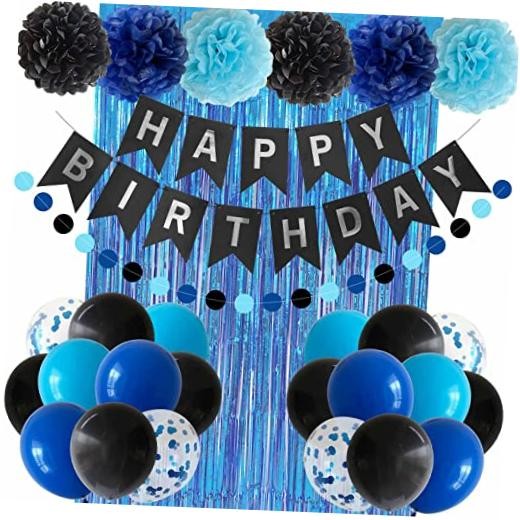 ANSOMO Blue and Black Happy Birthday Party Decorations for Boys Men Banner