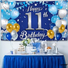 Blue and Silver 11th Happy Birthday Banner – Large, 72×44 Inch | 11th Birthday B