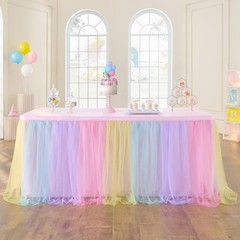 72in Rainbow Tulle Table Skirts for Rectangle Tables 6/4ft, 2-Layer Pastel Co…