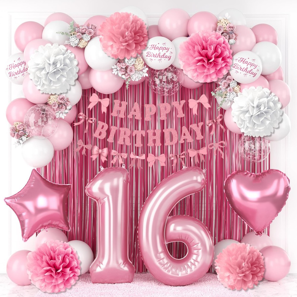 16th Decorations for Girls Pink Number 16 Balloon Bow Coquette Happy Banner F…