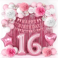 16th Decorations for Girls Pink Number 16 Balloon Bow Coquette Happy Banner F…