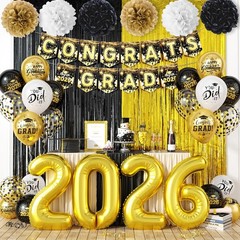 2026 Graduation Decorations – Black & Gold Balloons, Congrats Grad Banner, Party