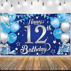 Happy 12th Birthday Banner – 72×44 Inch | Blue and Silver Happy 12th Birthday Pa