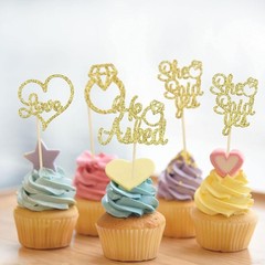 He Asked She Said Yes Cupcake Toppers Gold Glitter Diamond Ring Heart Love Ca…