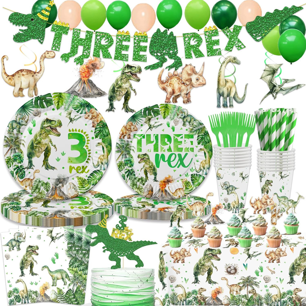 208 Pcs Dinosaur 3Rd Birthday Party Supplies, Green Dino Three Rex Birthday Deco