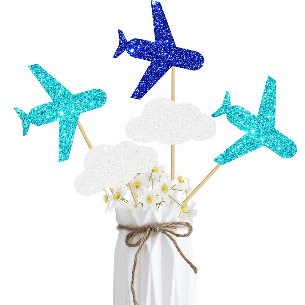 12 PCS Glitter Airplane Party Centerpiece Sticks Aviator Theme Table Toppers