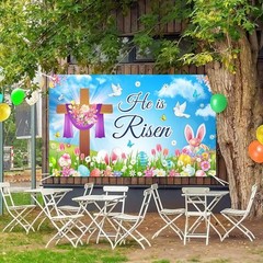 Mocicka Spring Easter Backdrop He is Risen Banner Floral Colorful Eggs green
