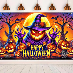 Halloween Banner 71×43 Inches Spooky Pumpkin Witch Decor Horror Party Backdrop H