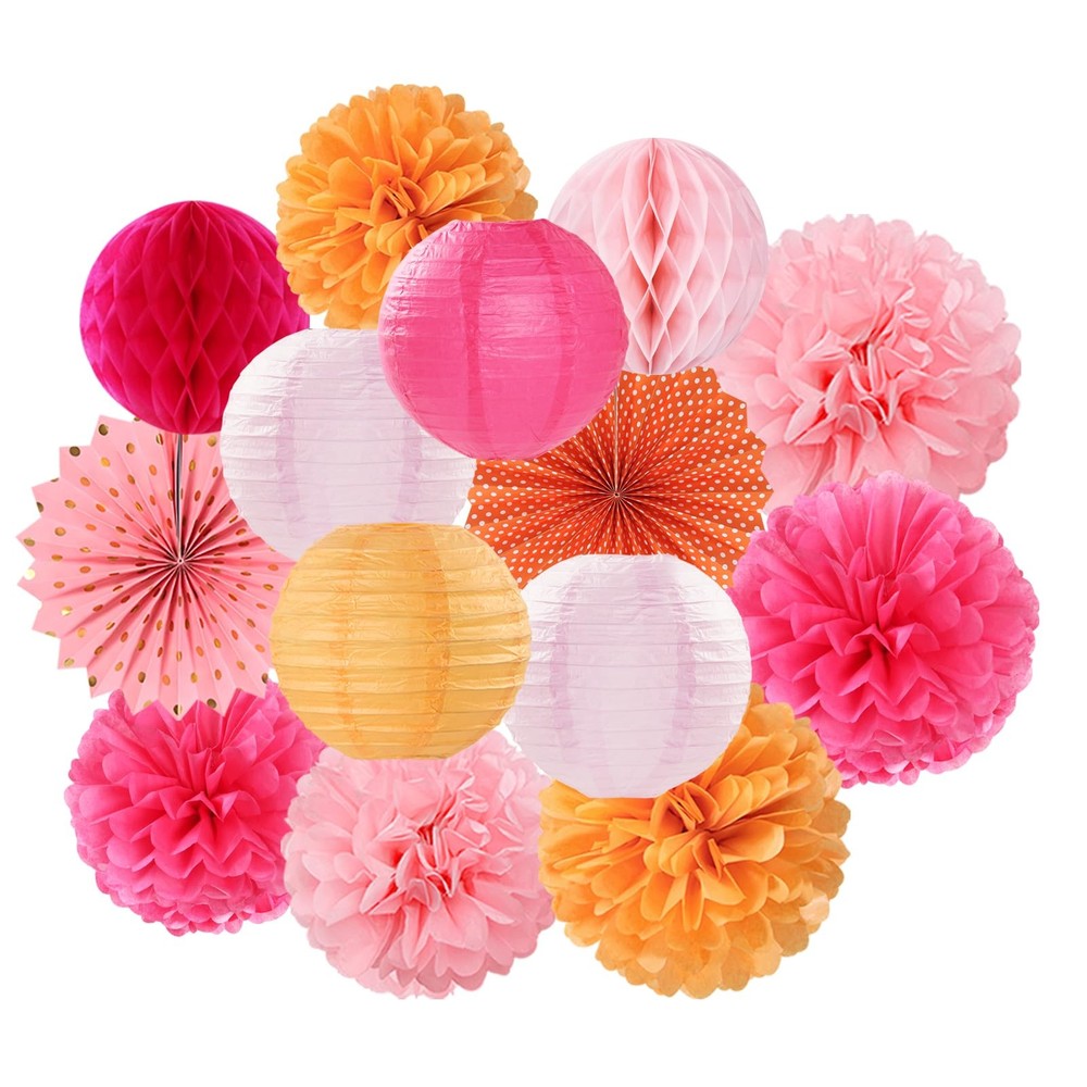 Hot-Pink Burnt-Orange Party-Decorations Streamers Lanterns – 14pcs Fall Birth…