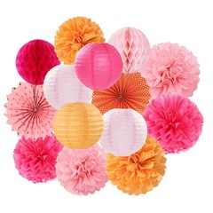 Hot-Pink Burnt-Orange Party-Decorations Streamers Lanterns – 14pcs Fall Birth…