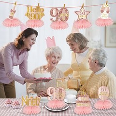 Happy 90th Birthday Honeycomb Centerpieces Table Toppers Rose Gold 9 PCS