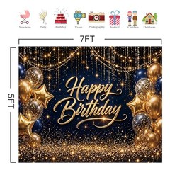 7x5ft Navy Blue and Gold Happy Birthday Backdrop for Men Adults, 215x150cm