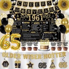65th Birthday Decorations Kit – Black Gold Happy 65th Banner