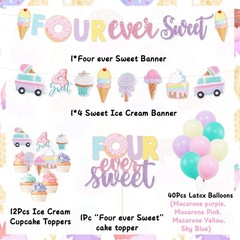 Four Ever Sweet Ice Cream Donut Party Decorations – Banner, Cake, Cupcake Top…