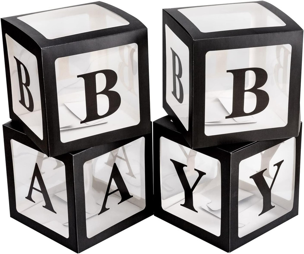 4Pcs Transparent Baby Boxes,Clear Balloon Boxes Backdrop with 16 Letters,Transpa