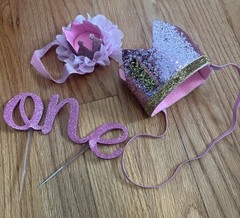 First Birthday Girl Crown Party Decor One Baby’s 1st Cake Topper Headband Lot