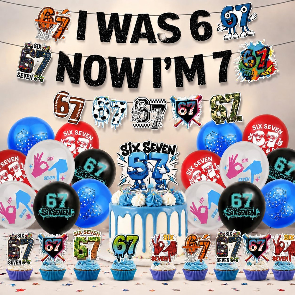 6 7 Birthday Decorations Set, I Was 6 Now I’M 7 Banner 12 Cupcake Toppers &16 Ba