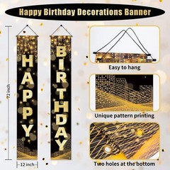 Happy Birthday Decorations Banner for Men Women Boys Girls, Black Gold Birthd…