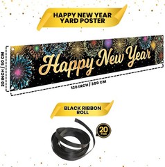 KatchOn Happy New Year Banner – Large 120×20 Inch | Gold and Black