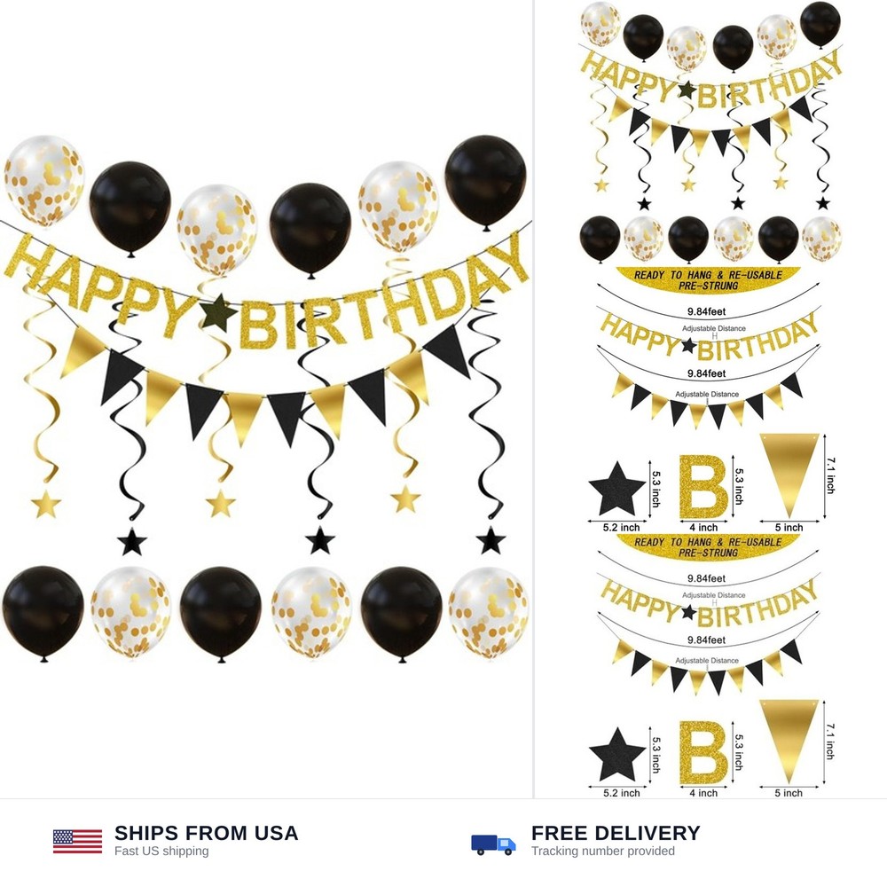 Happy Birthday Banner – Gold Birthday Banner with Garland, Balloons and Hangi…
