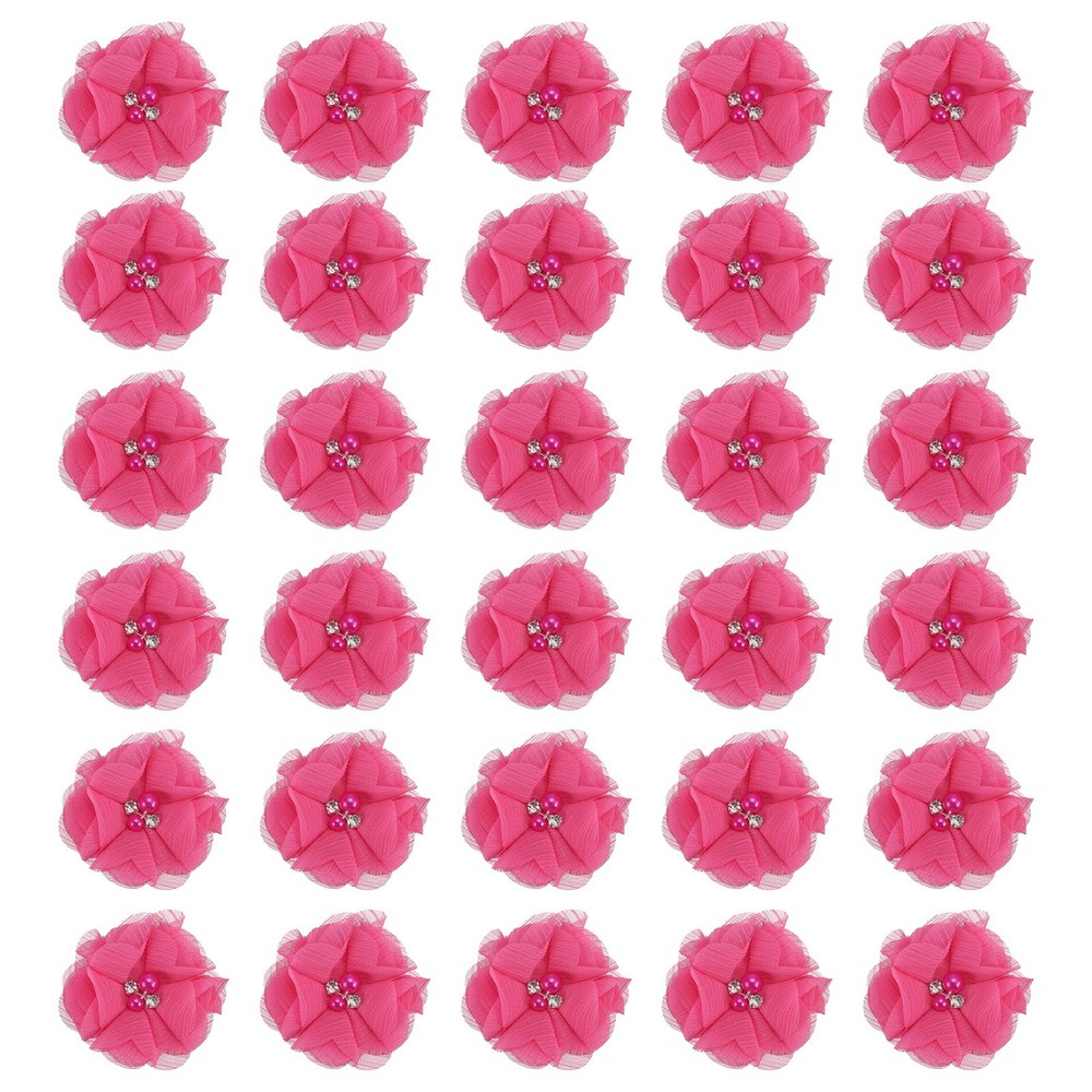 30Pcs 2″ Chiffon Flowers with Rhinestone Pearl Sewing Fabric Flowers, Rose Red