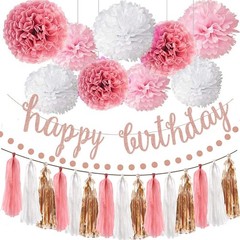 Complete Rose Gold Birthday Decor Set, Glittery Banner, Floral Pom Poms, Pink