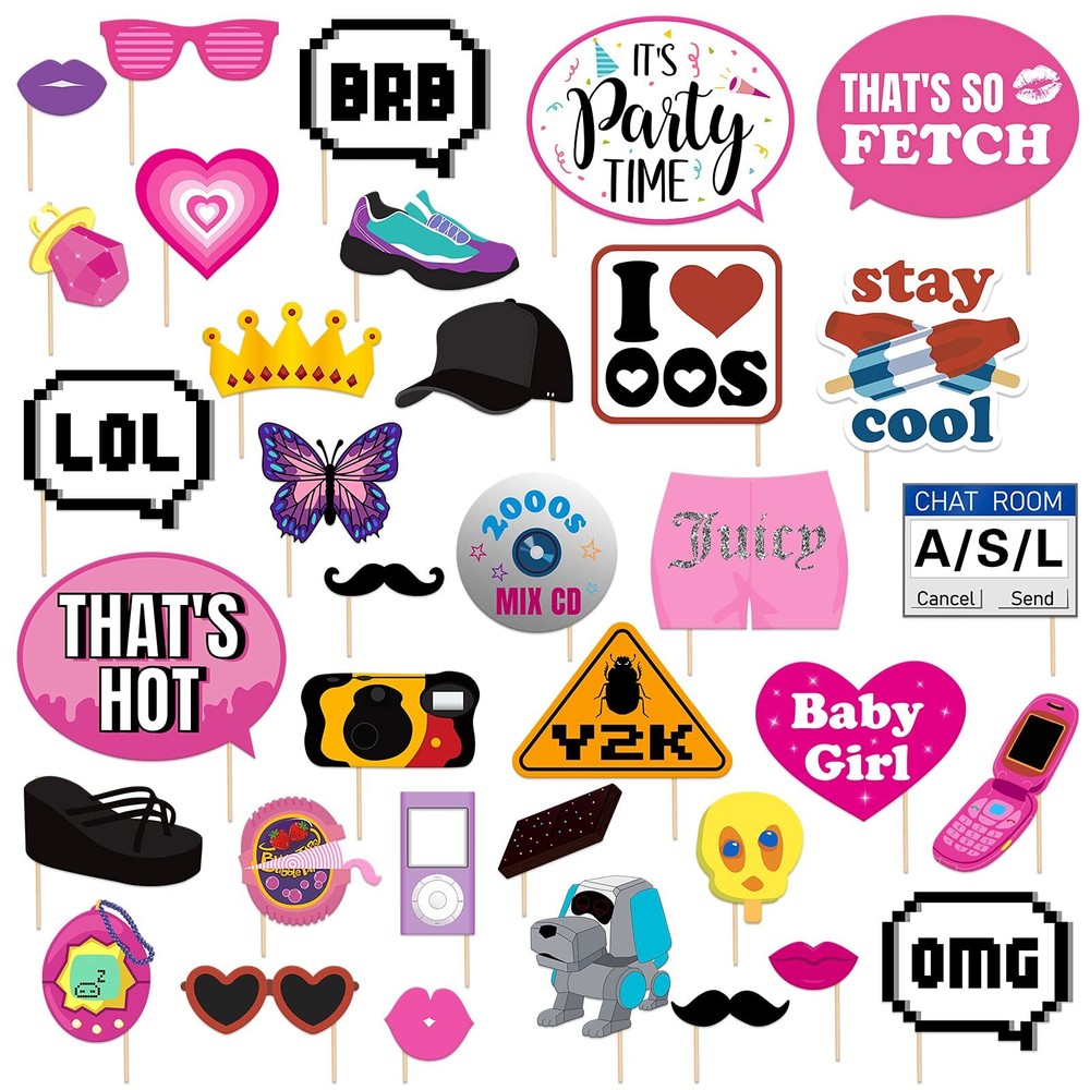 35Pcs 2000s Party Photo Booth Props 00s Party Decorations 2000’s Theme Birthd…