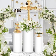 White Cylinder Stands for Party 3Pcs Round Pedestal Stand for Parties, Pillars f