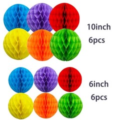 12 PCS Rainbow Honeycomb Balls Hanging Tissue Pom Poms MultiColor 6 & 10 Inch