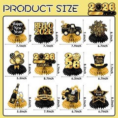New Year Table Decorations 2026,12pcs Happy Honeycomb Gold