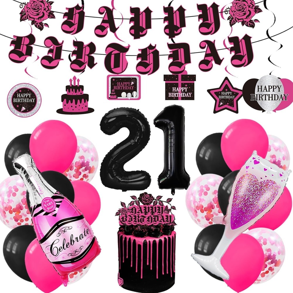 21st Birthday Decorations for Women,Hanging Swirls, Balloons, & Birthday Banner